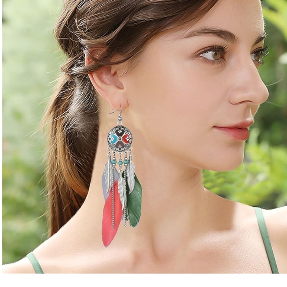 Colorful Feather Dangle Earrings - Picture 5 of 5